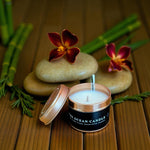 The Ethical Leaf Discover the calming atmosphere of our Essential Oil-infused Ocean Candle. Expertly crafted with natural scents of Eucalyptus, Ylang Ylang, Lime, and Niaouli, this invigorating aroma evokes the sensation of a serene beach walk. The Ocean Tin Candle