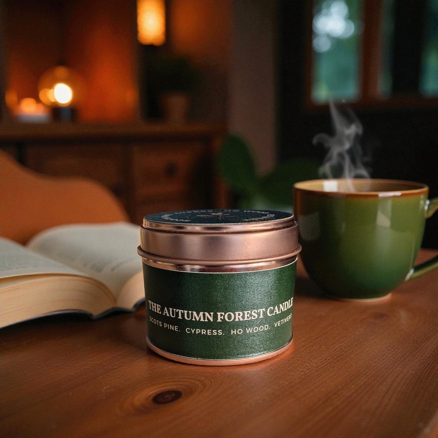 The Ethical Leaf Experience the soothing ambience of our Essential Oil infused Air Candle. Naturally Scented with Lavender, Cedarwood, Ylang Ylang and Bergamot. Create the prefect setting for entertaining your guests this summer. The Autumn Forest Tin Candle